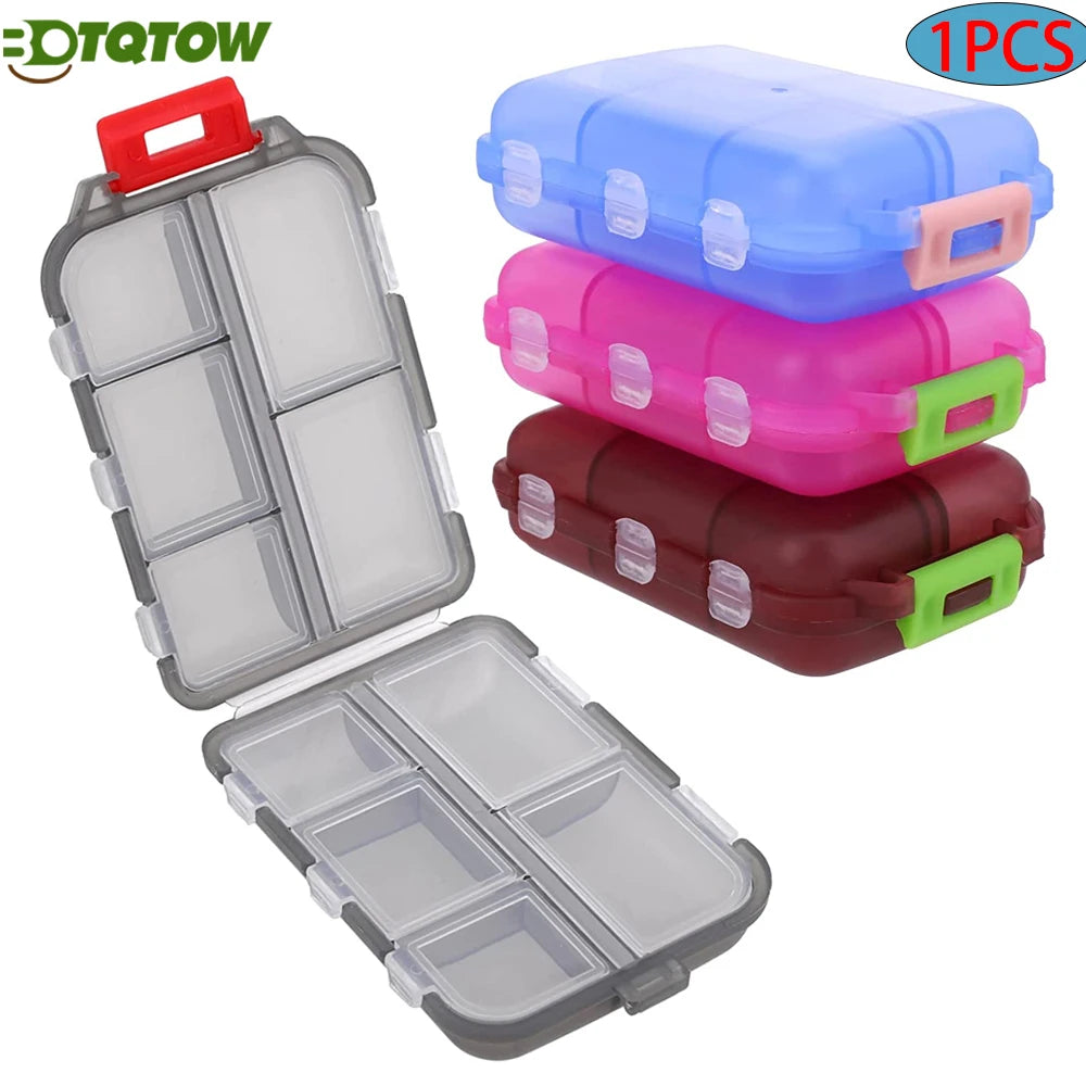 boîte rangement pilules bijoux gris bleu rose pratique transparente compartments poignée rouge compact
