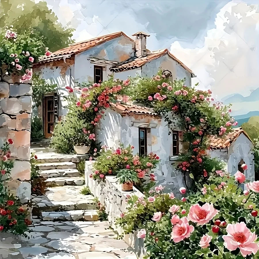 tableau diamanté fleurs paysage rural classique toile colorée résine opaque artisanal fleurs artificielles