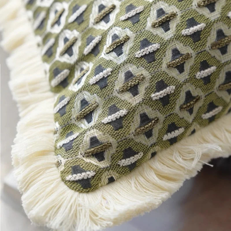 coussin carré vert olive motif géométrique moderne jacquard sans rembourrage
