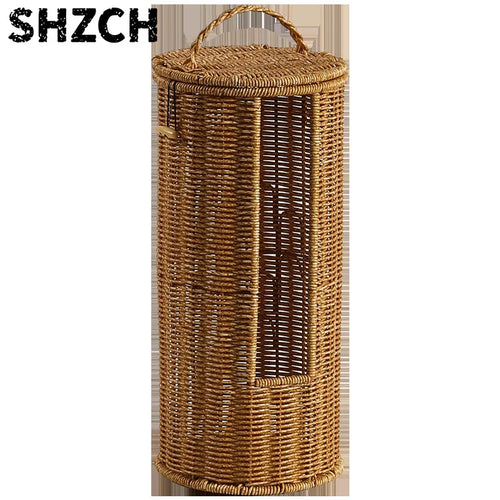 panier tressé marron clair rangement salle bain chambre couvercle poignée serviettes rustique traditionnel