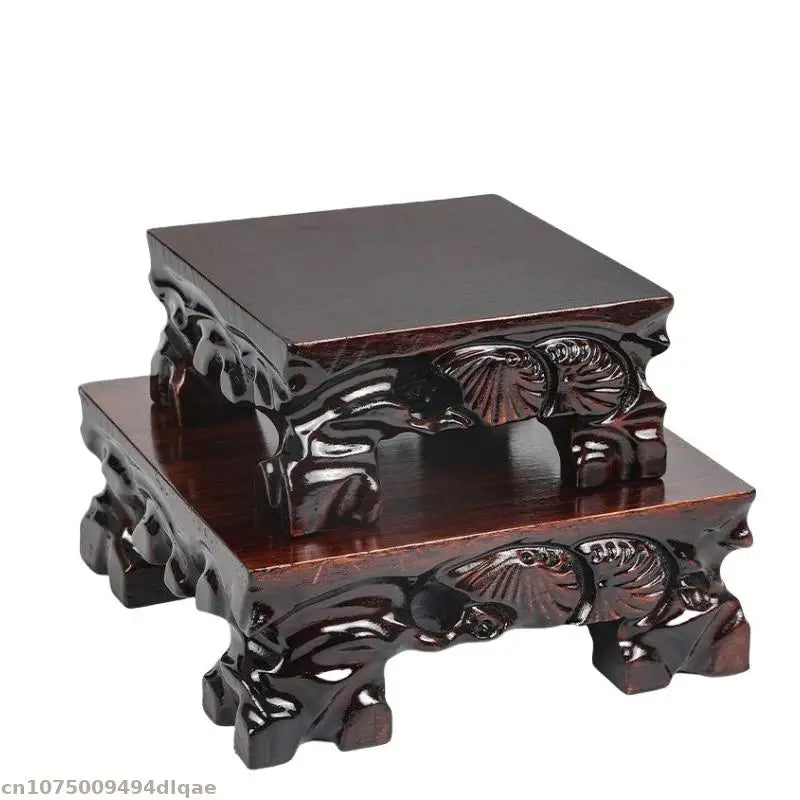 support bois sculpté motifs floraux artisanal miniature collection marron foncé