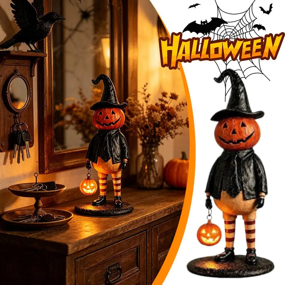 figurine citrouille halloween orange chapeau robe noire bas sculptée décoration intérieure festive