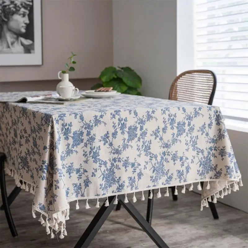 nappe table fleurs bleu coton polyester lavable machine saison thèmes classique vintage tassels