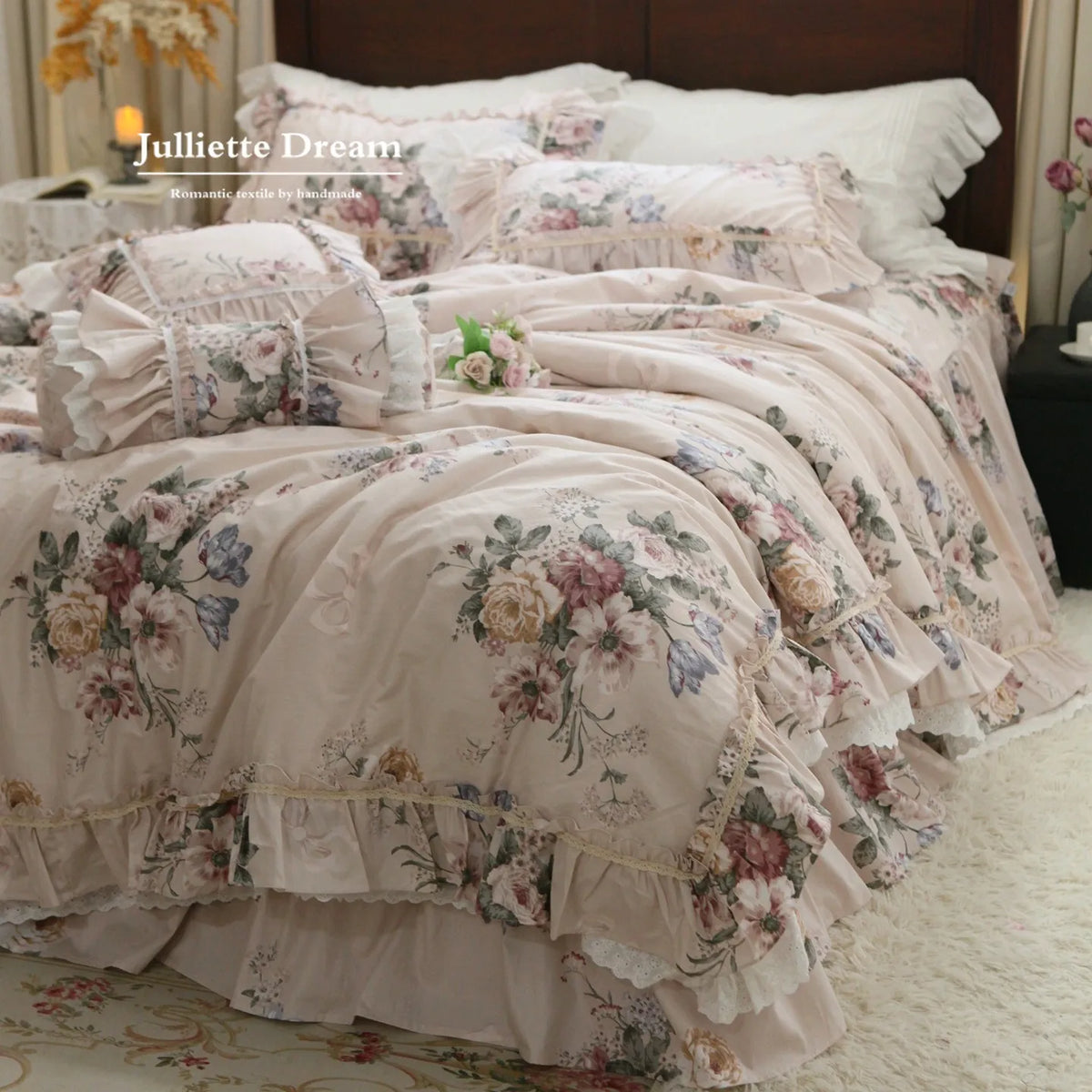ensemble literie fleuri romantique 100 coton king size beige rose vert bleu