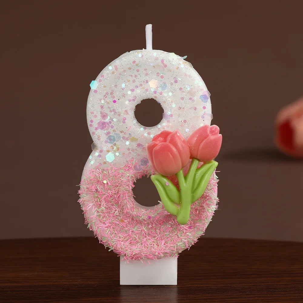 bougies forme chiffres blanc rose vert paillettes fleurs roses feuilles vertes festive tringle boîte
