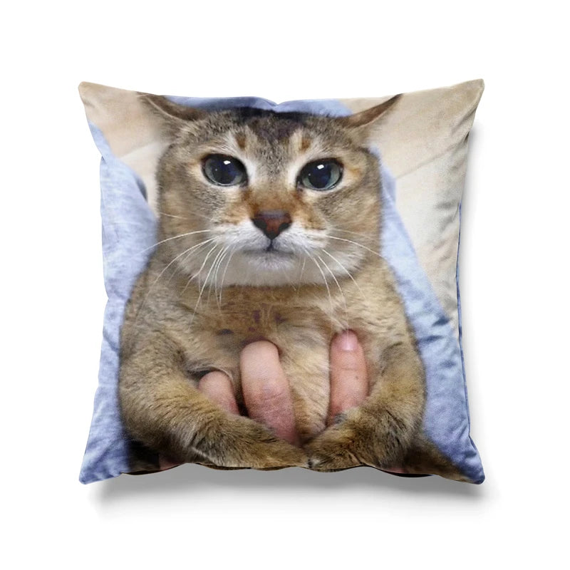 coussin moderne beige gris chat imprimé respectueux environnement polyester coton 45cm 45cm fixations