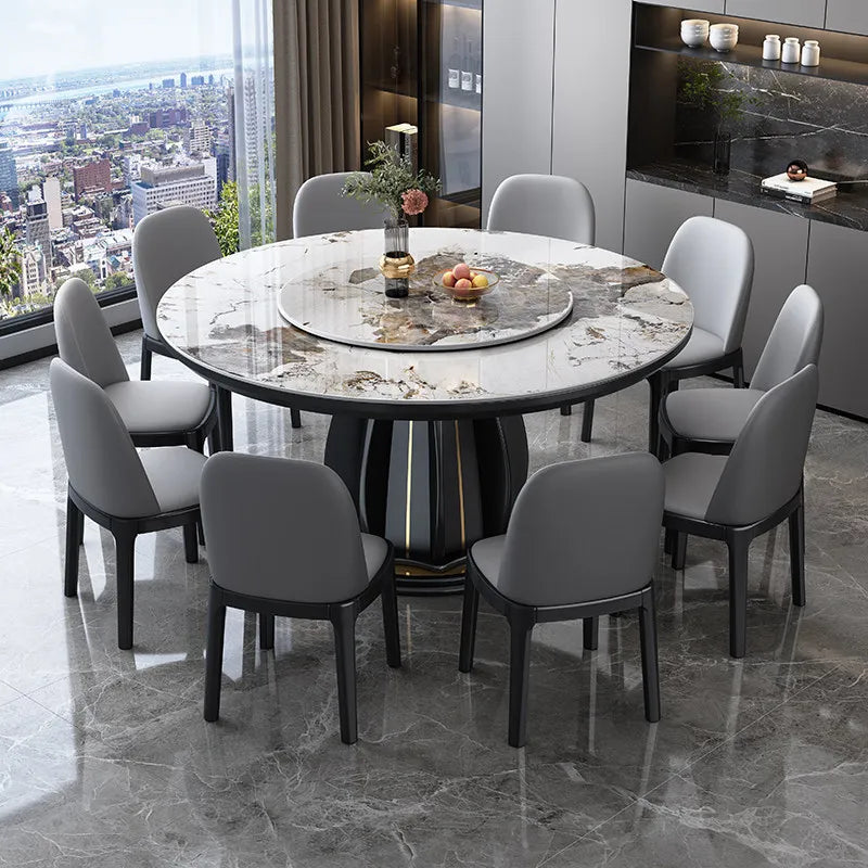 table ronde bois marbre moderne gris noir blanc chaises assises plateau central pieds
