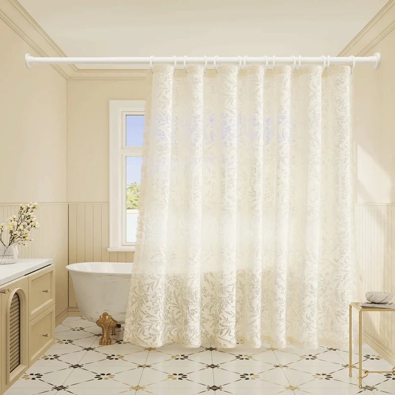 rideau douche imprimé floral beige clair semi transparent classique anneaux métalliques polyester relief