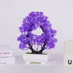 plante artificielle bonsaï pot violet vert rose feuilles fines mousse verte décoration intérieure extérieure