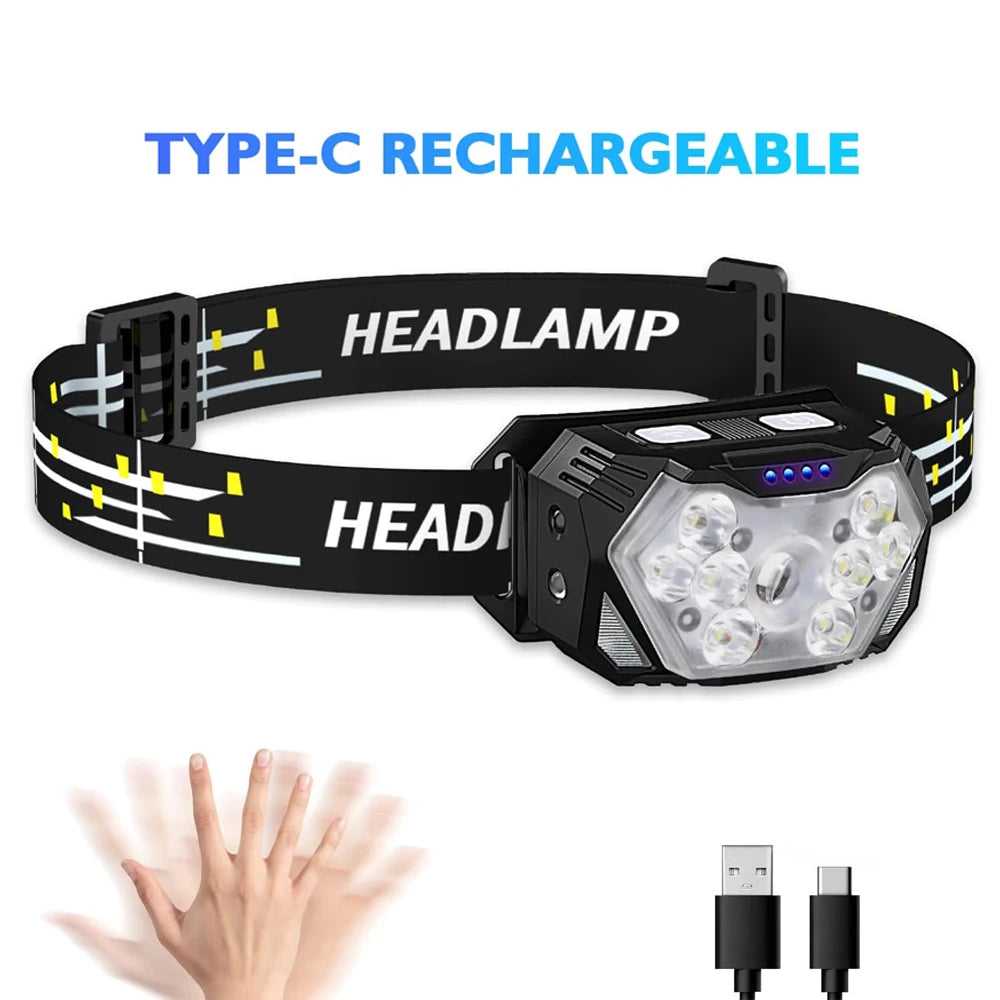 lampe frontale led noire jaune rayées 2000lm ultra brillante rechargeable usb sensor motion camping