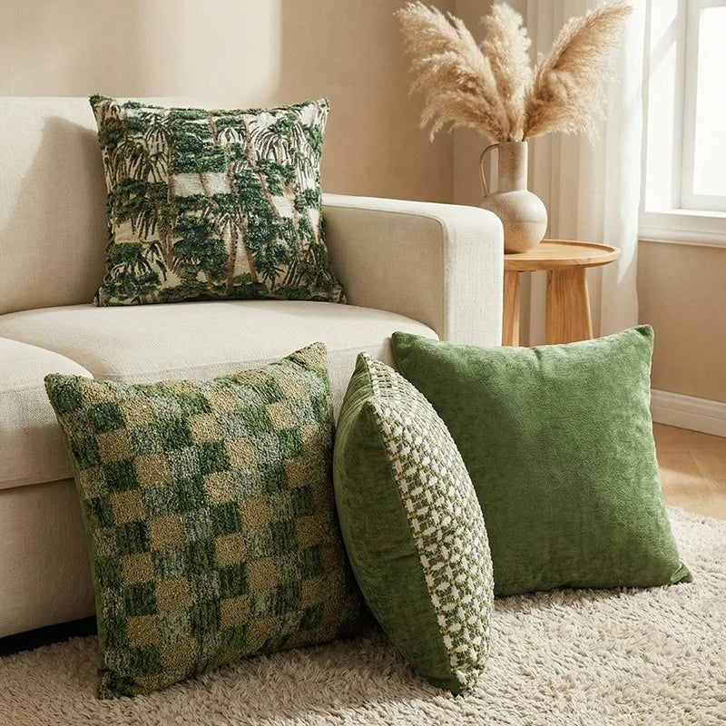 housses coussins carrés verts palmiers vintage décor maison adhésifs texturés polyester Jacquard