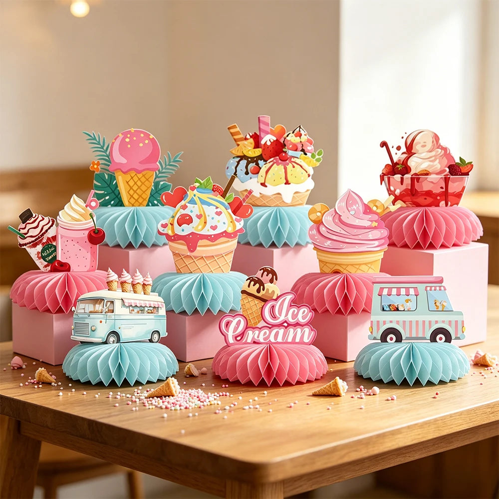 décoration fête anniversaire multicolore glace cupcakes happy birthday guirlande illustrations camion glacé papier table