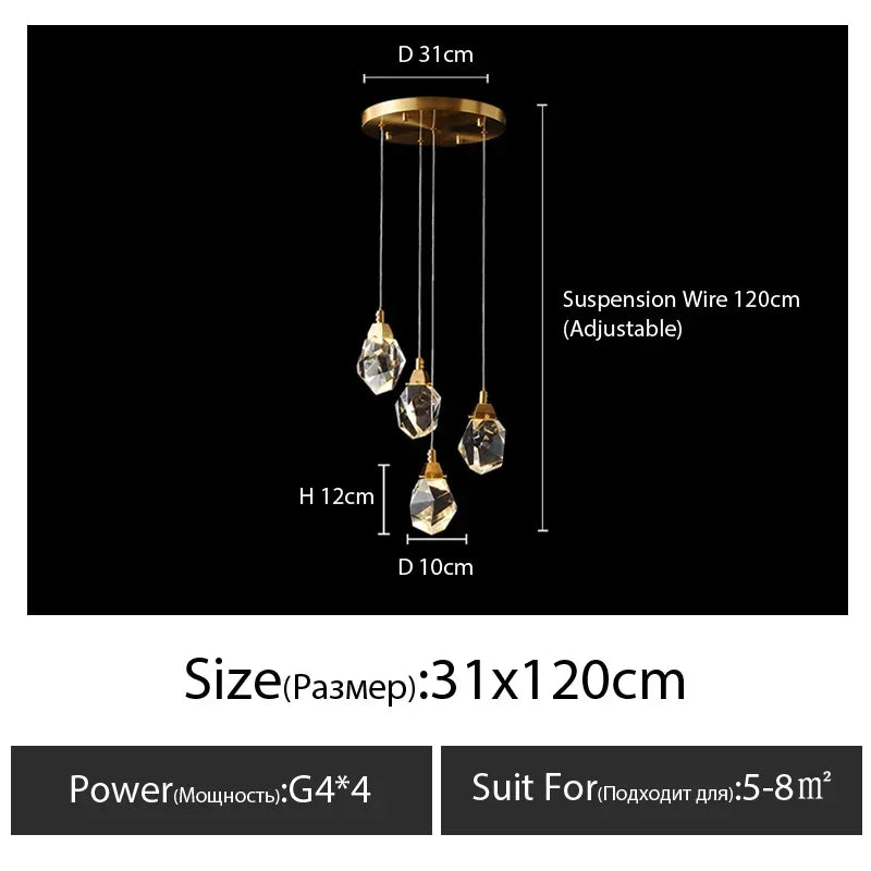 suspension lumineuse moderne transparente dorée facettes géométriques élégante leds
