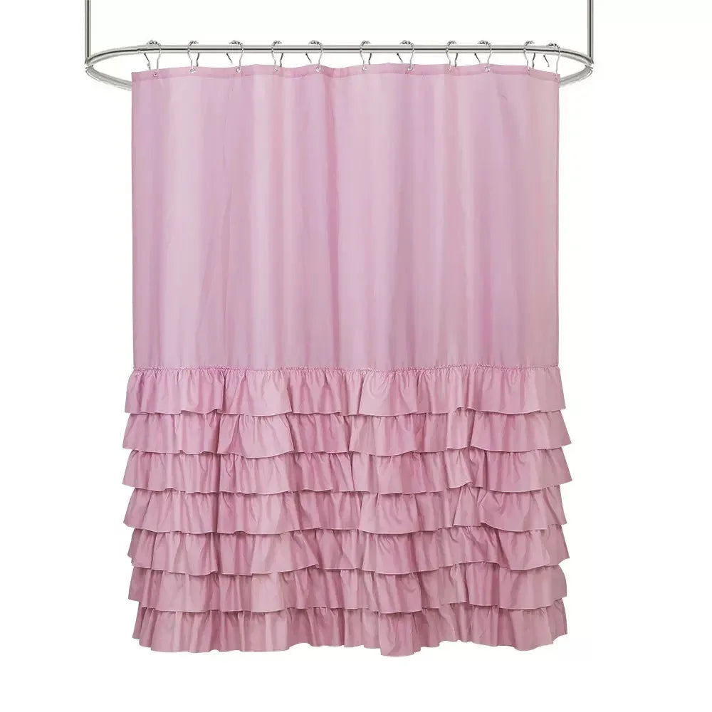 rideau douche blanc volants gris rose classique opacité anneaux métalliques respectueux environnement moderne