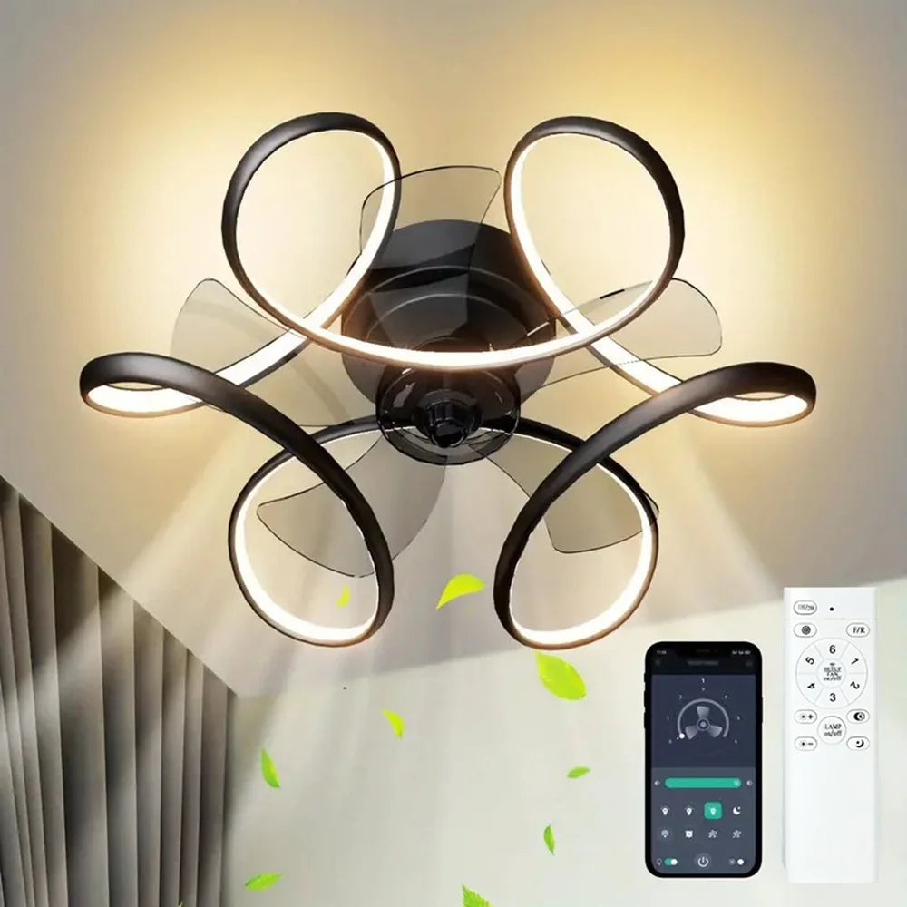ventilateur lampe led moderne télécommande contrôle mobile noir blanc contemporain minimaliste