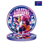 kit décoration anniversaire fille personnages dessin animé assiettes gobelets serviettes nappe guirlande rose violet