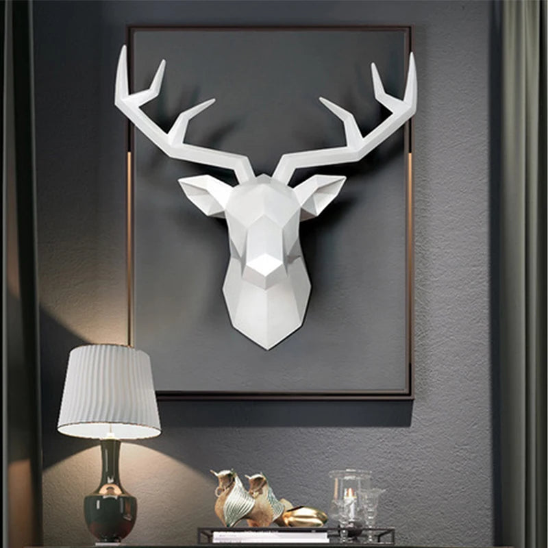 décoration murale tête cerf blanc noir polygone géométrique moderne scandinave fixe mur clou porte