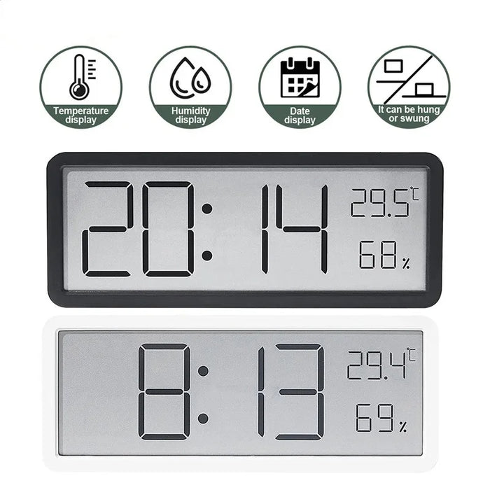 Horloge murale numérique LCD blanche affichant heure température humidité
