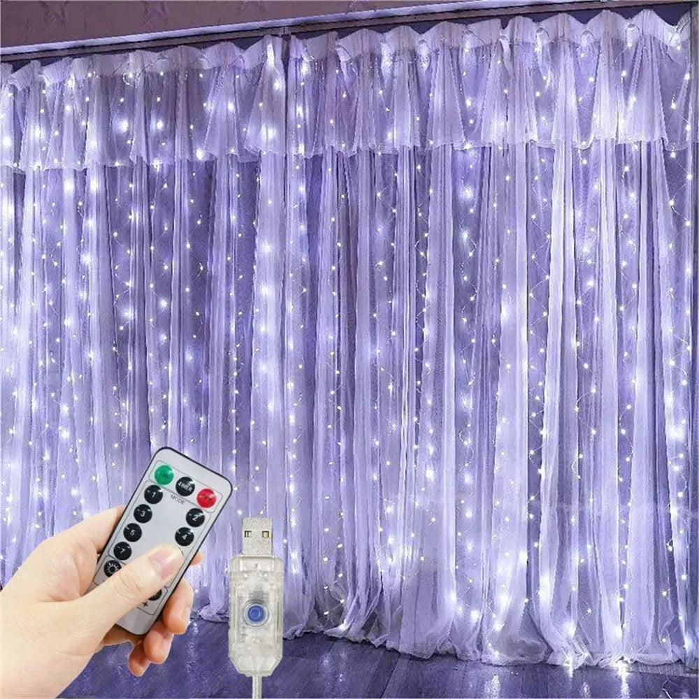 rideau lumineux led blanc décoration chambre mariage noël télécommande usb 3x3m 300 leds