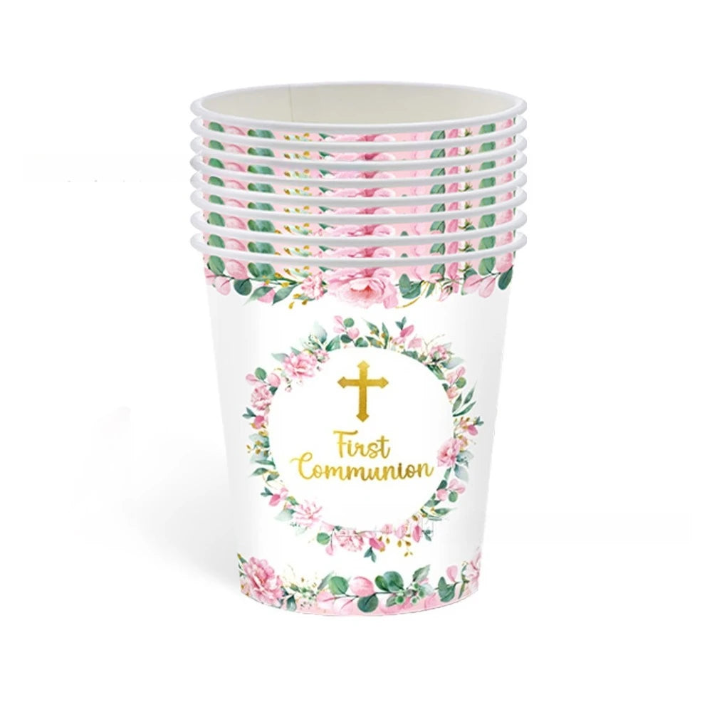 assiettes jetables thème eucharistique croix dorée fleurs mariage baptême anniversaire fêtes enfants