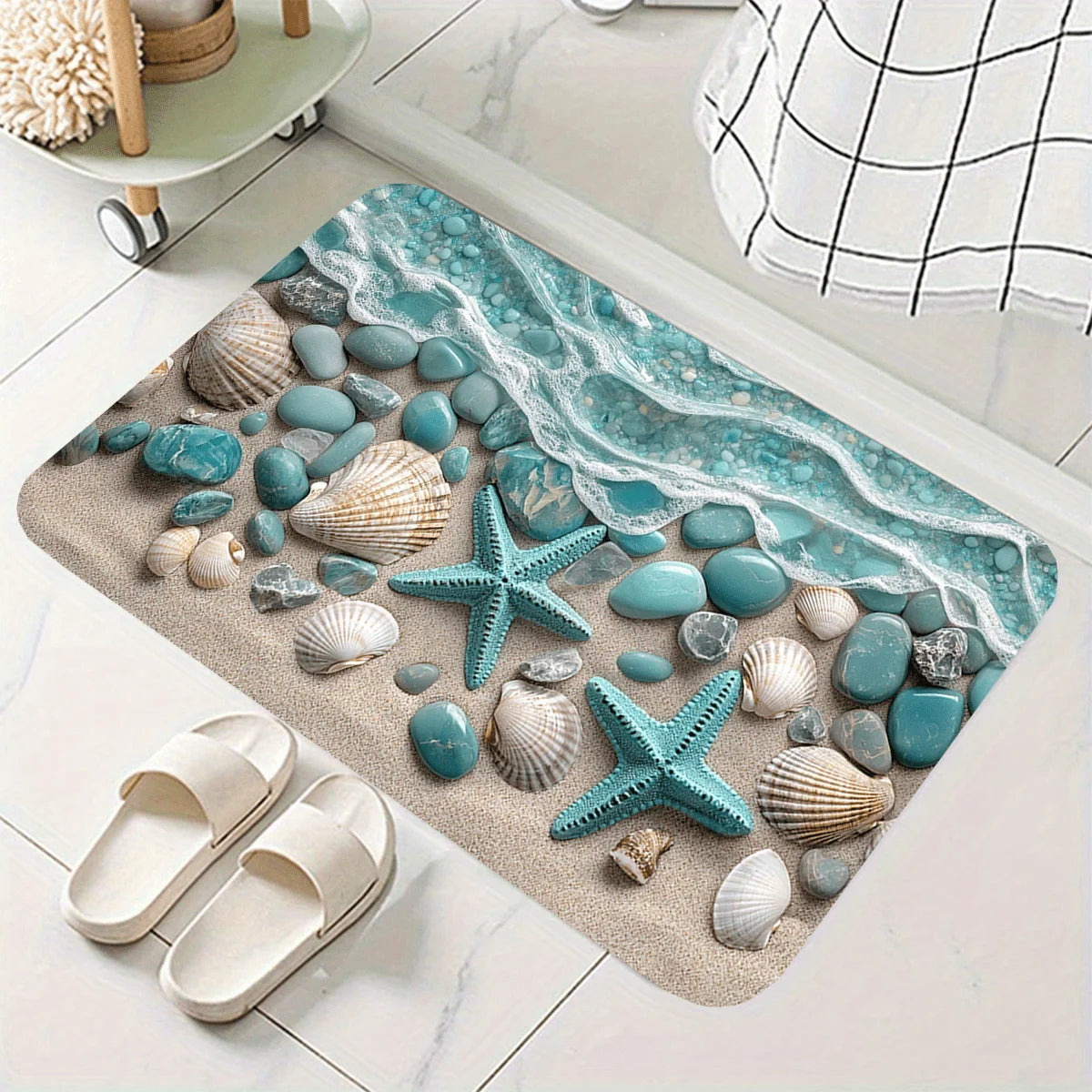 tapis sol salle bain motif marin coquillages étoiles mer bleu clair absorbant rapide