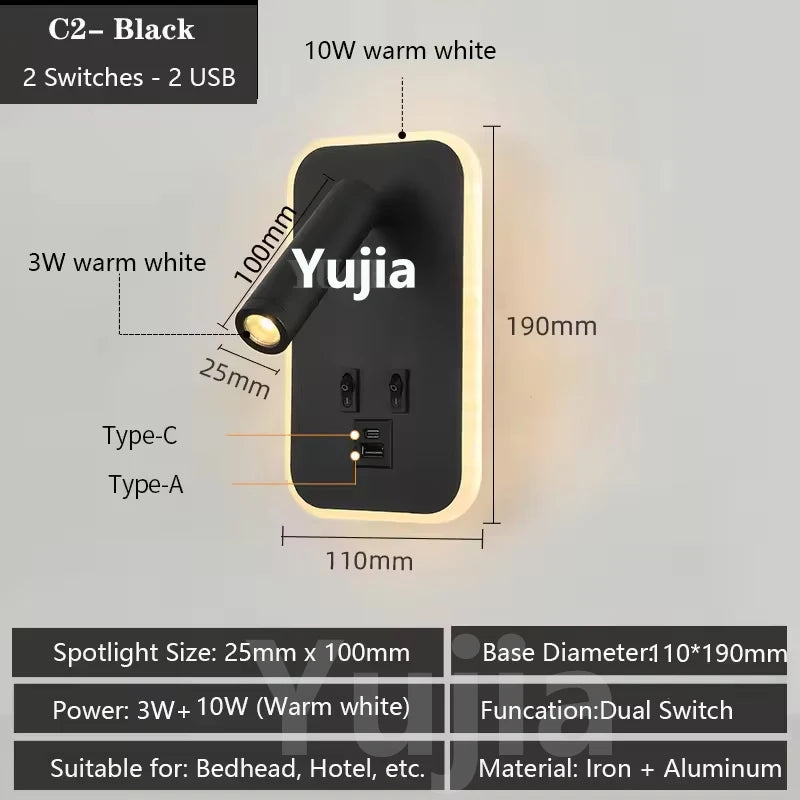 applique murale led moderne ports usb lampes lecture réglables chambre étude