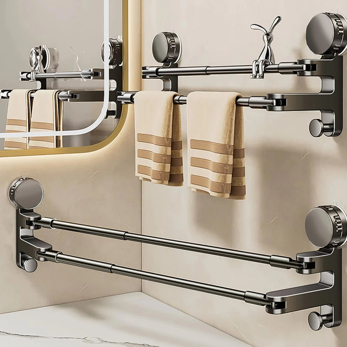 porte serviettes mural aluminium noir ajustable ventouse 52 86cm double barres rotatives moderne