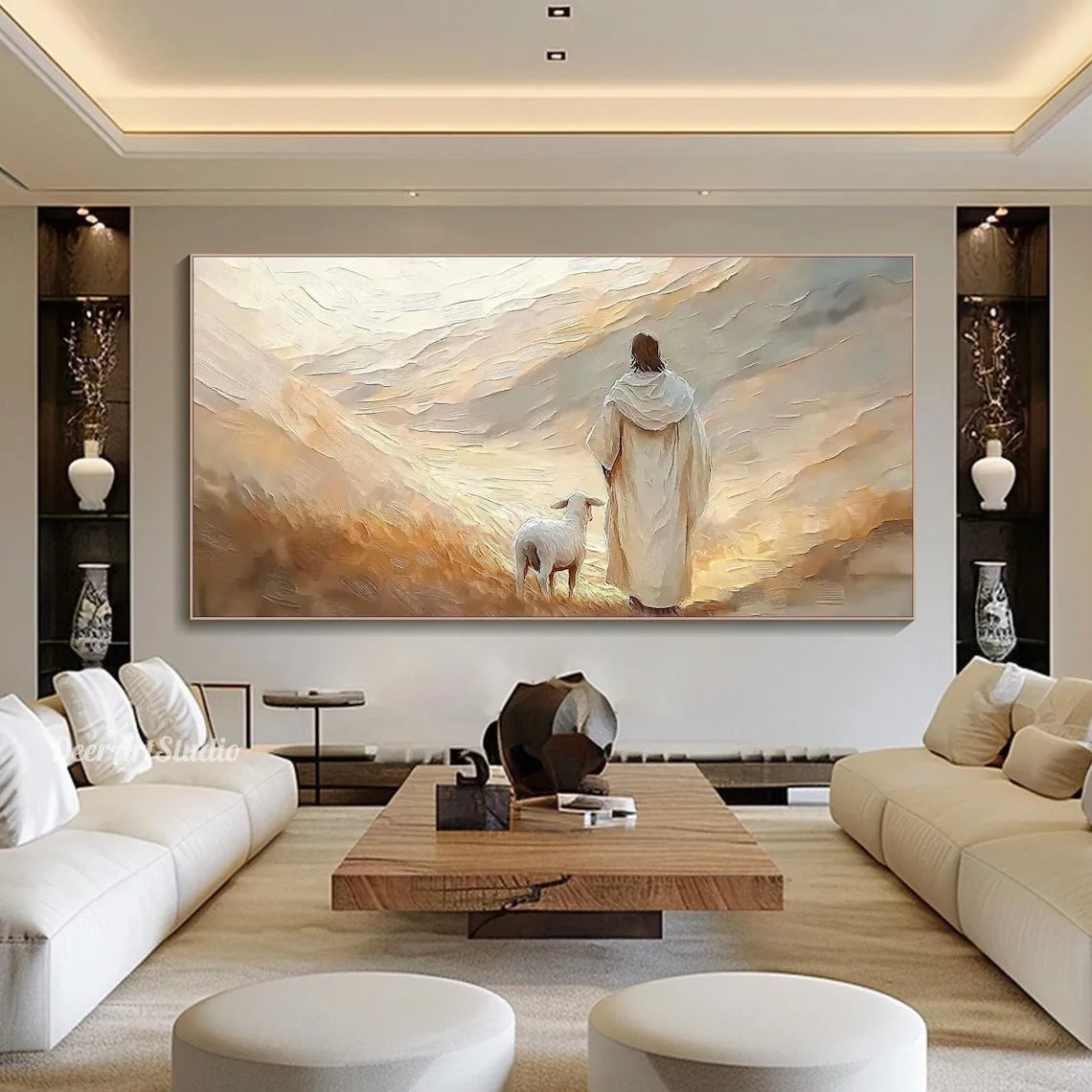 tableau moderne paysage abstrait nuages montagnes beige marron gris blanc sans cadre toile impression