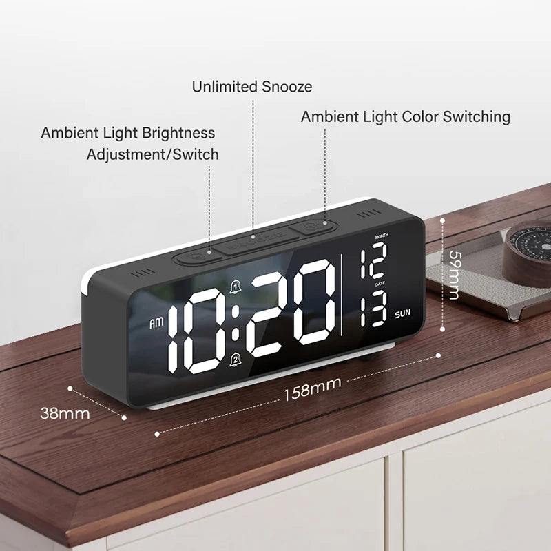 horloge numérique moderne affichage led date heure veilleuse lumineuse noir rectangulaire ambiance chambre