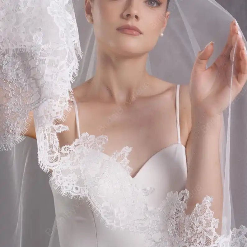 voile mariée blanc dentelle deux couches bordure dentelle classique translucide femme adultère