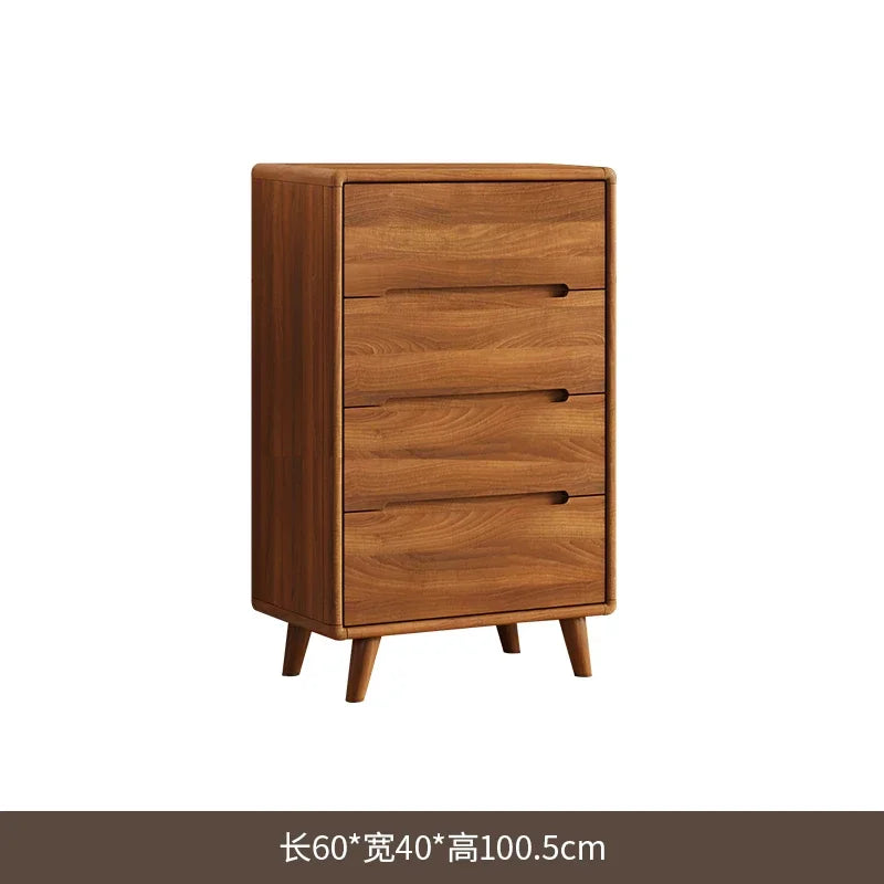 commode chêne foncé tiroirs modernes pieds bois poignées noires chambre salon