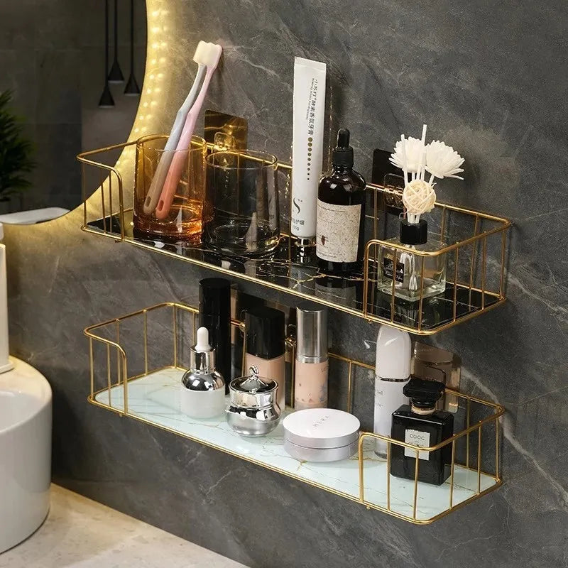 étagère murale adhésive or marbre moderne panneau verre métal cosmétique minimaliste