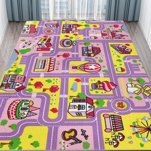 tapis urbain enfant voitures routes arbres polyester polypropylène moderne vert jaune rouge noir 160cm