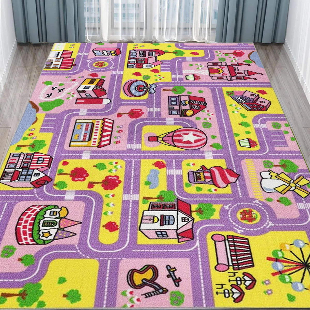 tapis urbain enfant voitures routes arbres polyester polypropylène moderne vert jaune rouge noir 160cm