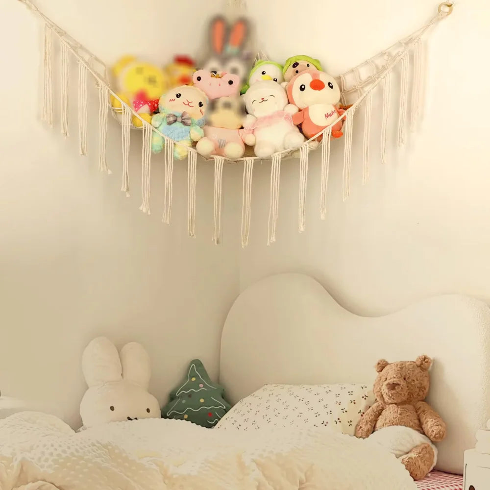 sac rangement hamac jouets macramé franges boho salon pliable respectueux environnement