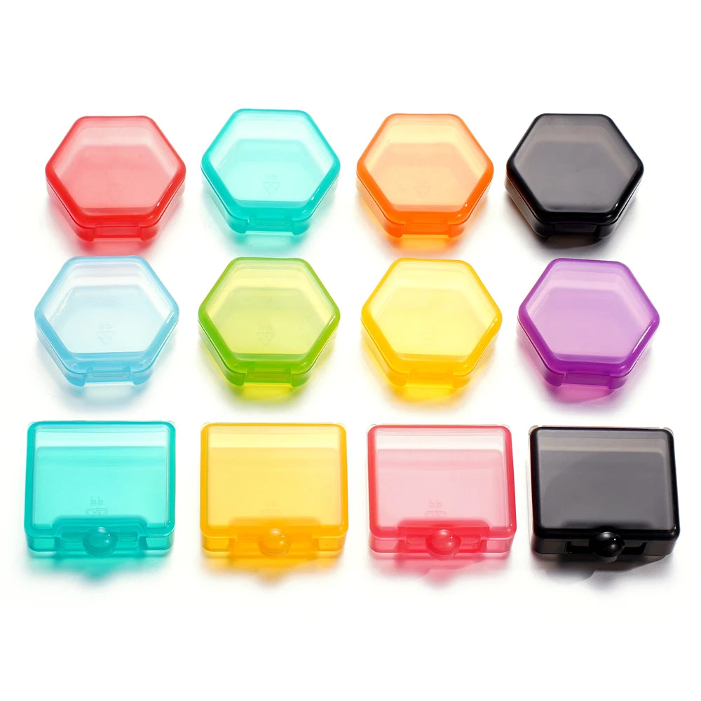 boîtes rangement hexagonnelles modernes transparentes clips colorées bleu noir vert orange violet rouge 42x46mm