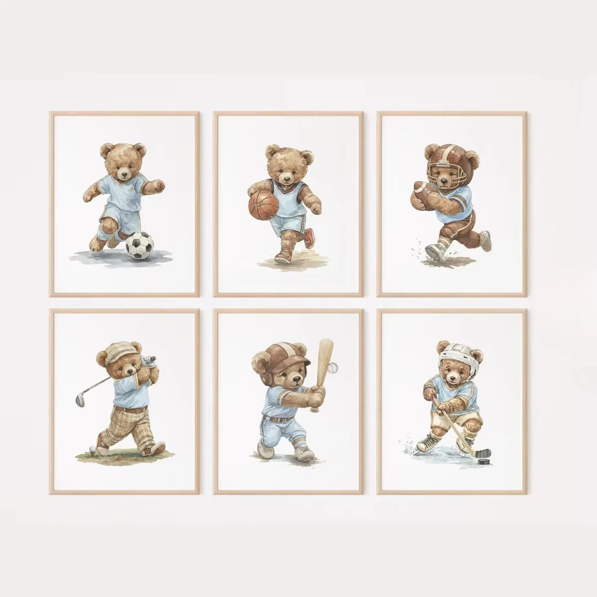 affiches art ours sport dessin animé aquarelle moderne beige bleu brun noir blanc decoration