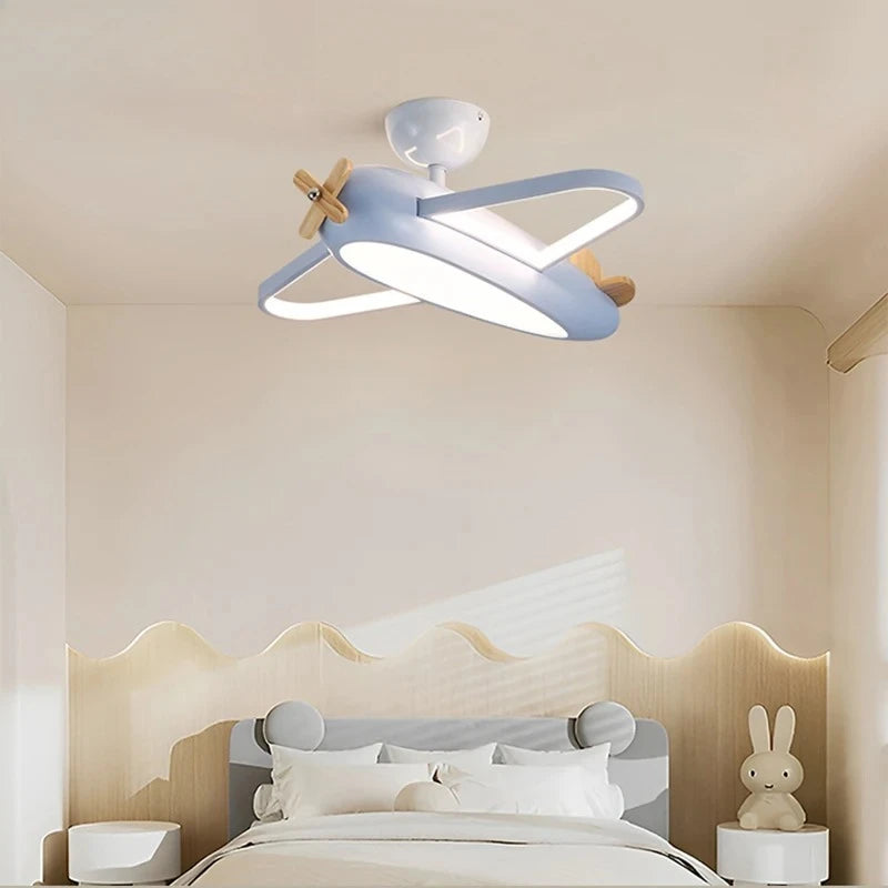 lampe suspendue avion forme moderne enfantine blanc bleu clair finition mat chaînes led