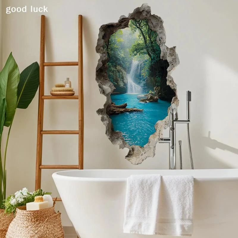 sticker mural paysage cascade arbres eau chambre bain décoration maison réaliste opaque pvc