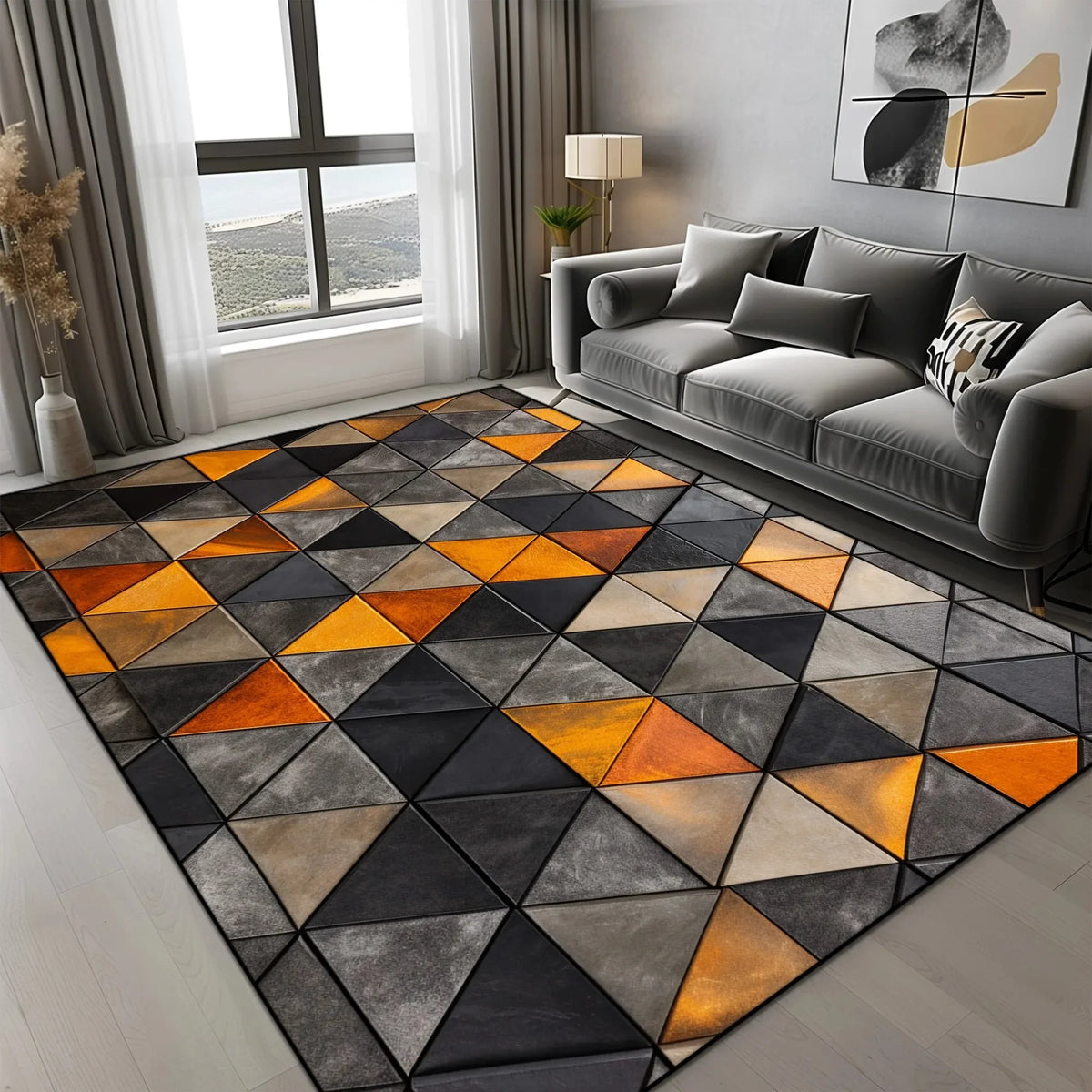 tapis géométrique moderne noir gris orange antidérapant facile nettoyer triangles cercle salon chambre