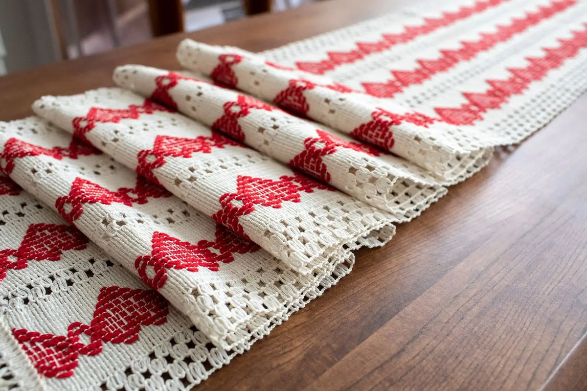 chemin table blanc rouge motif géométrique triangles bordure ajourée traditionnel festif