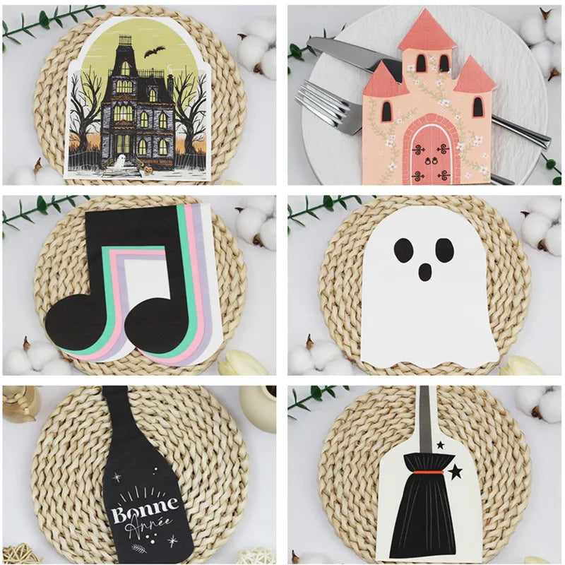 serviettes fantôme halloween blanc noir yeux minimaux cuisine jetables assiettes couverts pack fantômes