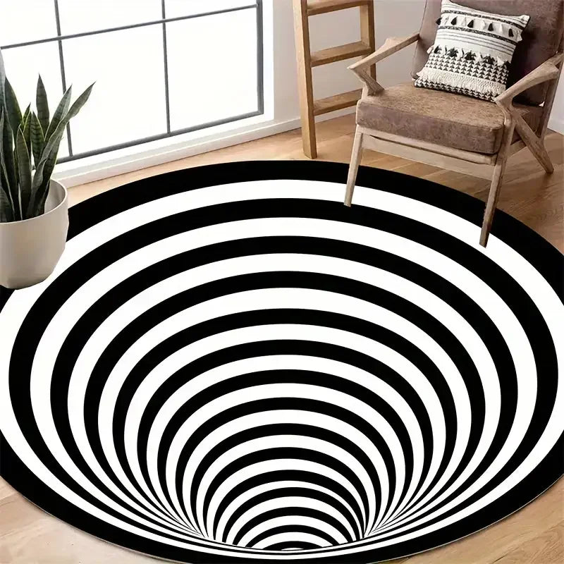 tapis rond carreaux illusion 3d moderne antidérapant salon chambre noir blanc
