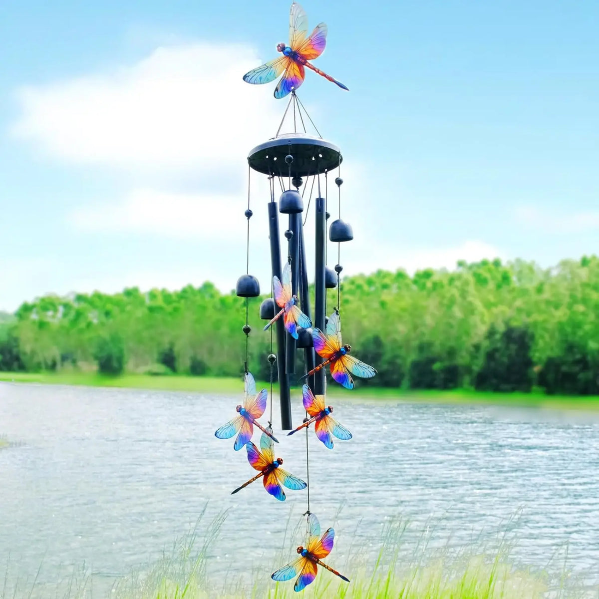 mobile vent oiseaux cloches multicolore noir extérieur jardin patio artisanal