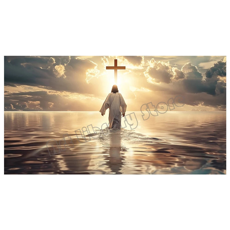 peinture toile classique jesus christ mer soleil couchant aquarelle sans cadre decoration mur religieuse