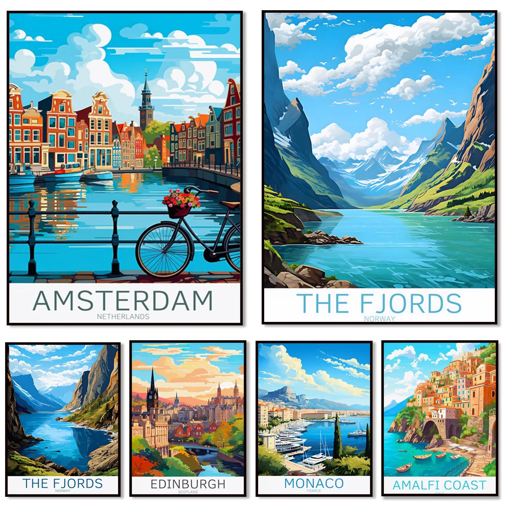 Cette image présente une collection d'illustrations représentant diverses destinations touristiques comme Amsterdam, les fjords de Norvège, Édimbourg, Monaco et la côte d'Amalfi. Chaque illustration met en valeur les paysages caractéristiques et l'architecture typique de ces lieux.