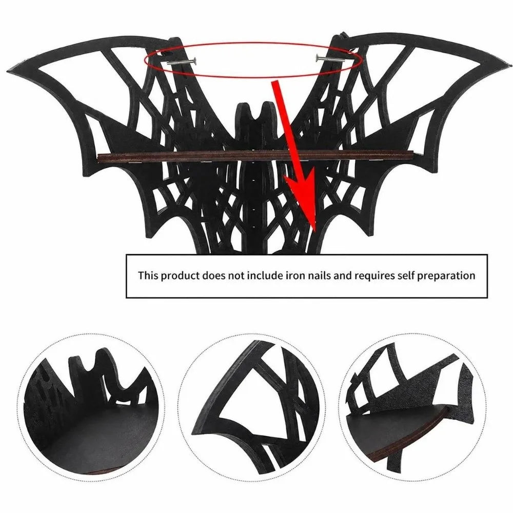 étagère murale chauve souris bois toile d'araignée gothique noir artisanat