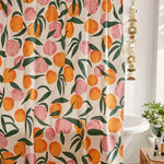 rideau douche moderne fruit pêches feuilles blanc orange rose vert anneaux opaques polyester