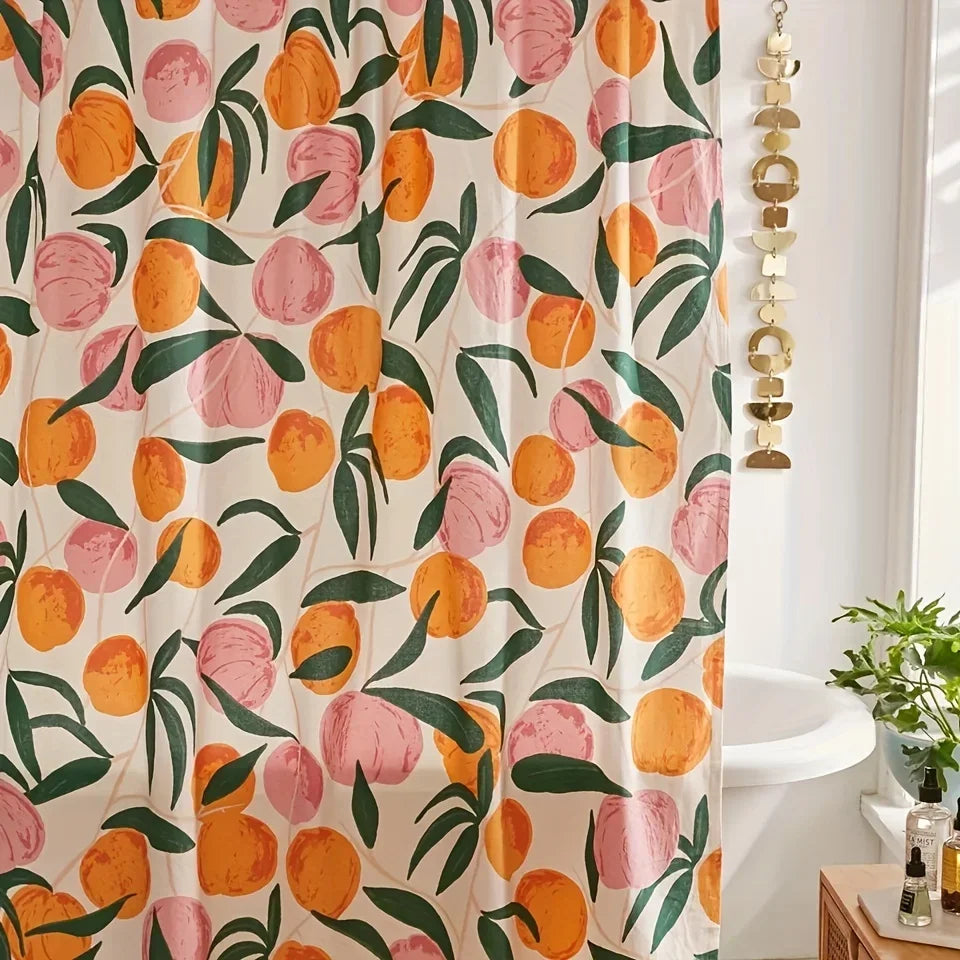 rideau douche moderne fruit pêches feuilles blanc orange rose vert anneaux opaques polyester