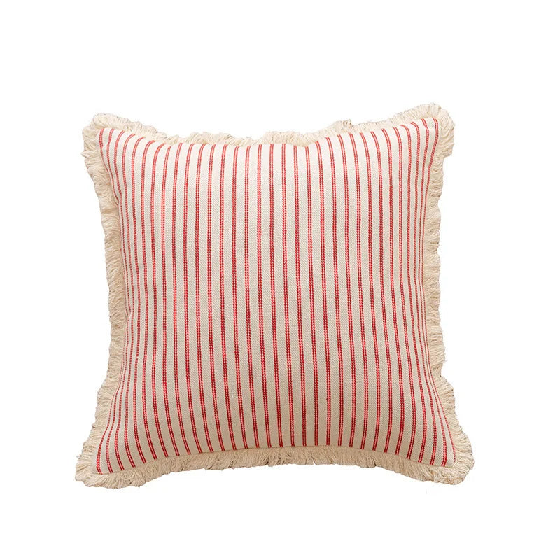 housse coussin rayures coton chanvre rustique beige rouge decoratif maison canape lit salon voiture